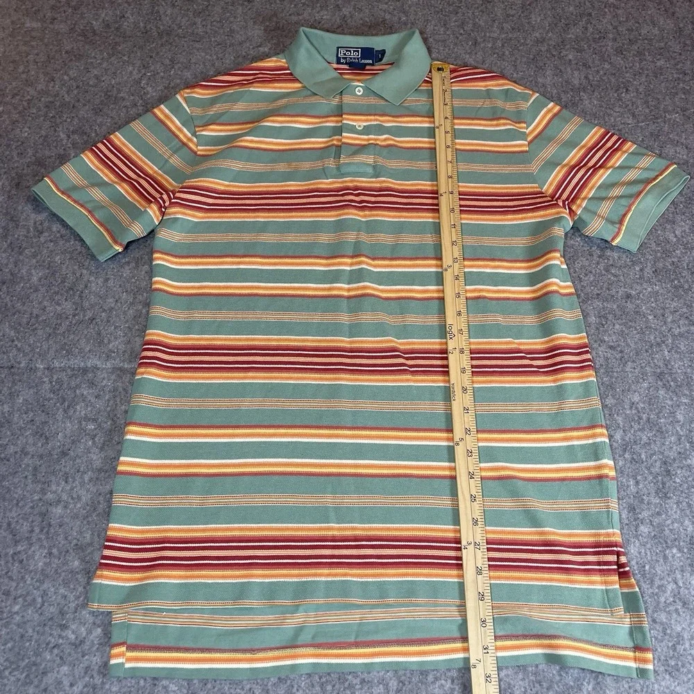 VTG Polo Ralph Lauren‎ Striped Shirt Mens XL Green Orange Sunset Cotton Slit Hem